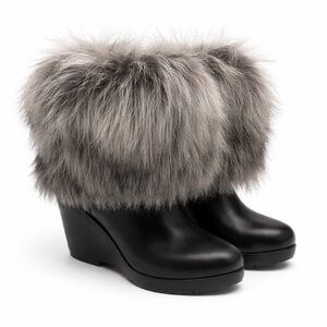 Sorel Black Wedge Boots with Gray Faux Fur